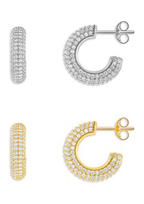 Belk Silverworks Silver Plated Two Tone Pavé Cubic Zirconia C Hoop Earrings - Set of 2