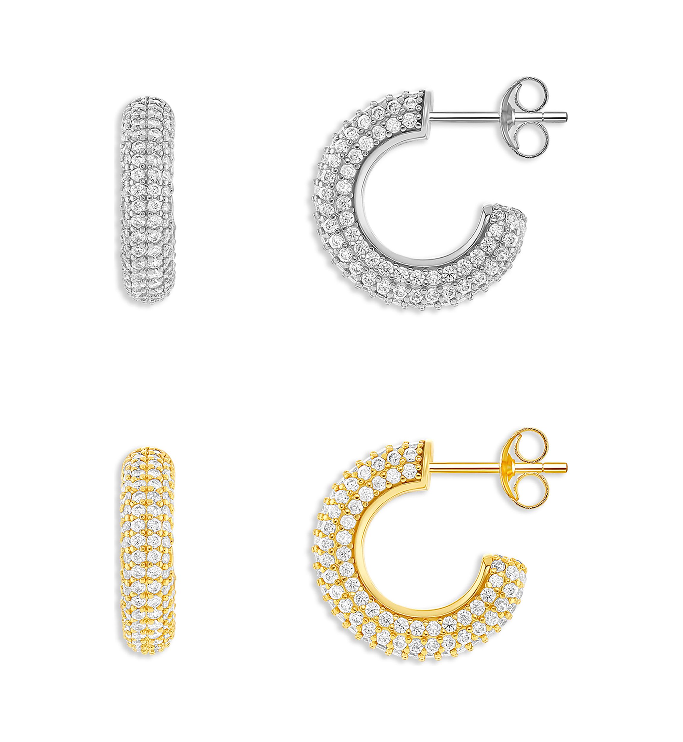Silver Plated Two Tone Pavé Cubic Zirconia C Hoop Earrings - Set of 2