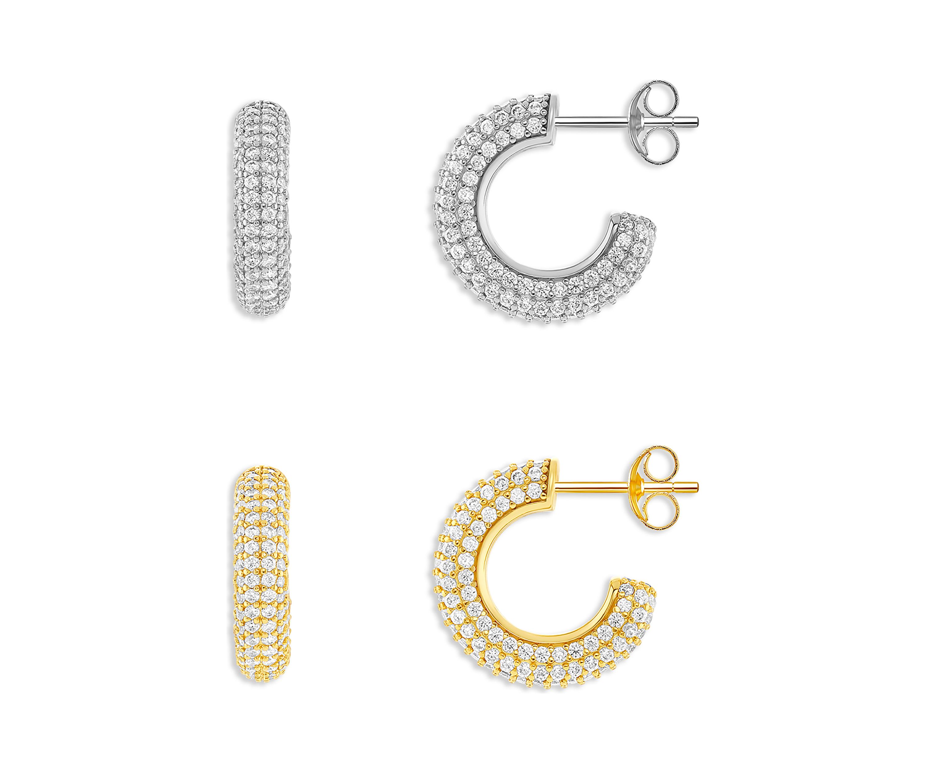 Silver Plated Two Tone Pavé Cubic Zirconia C Hoop Earrings - Set of 2