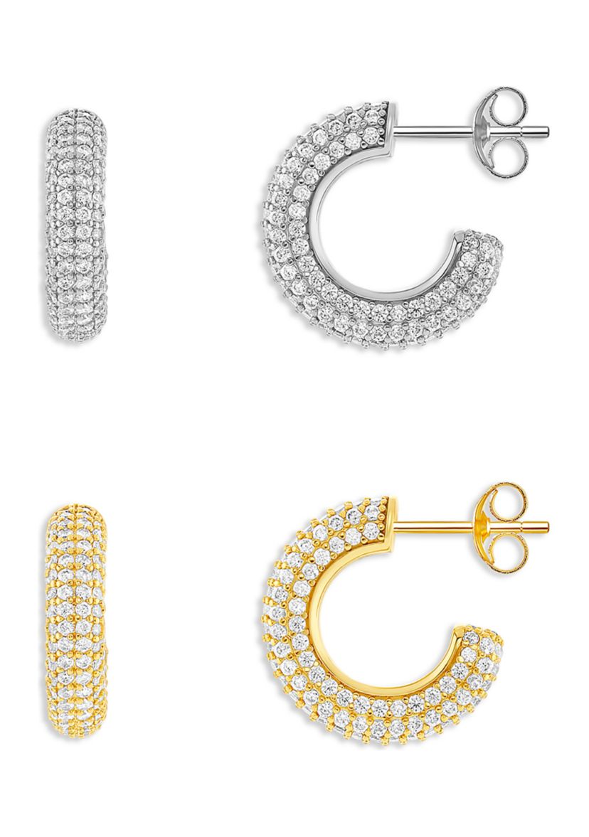 Silver Plated Two Tone Pavé Cubic Zirconia C Hoop Earrings - Set of 2
