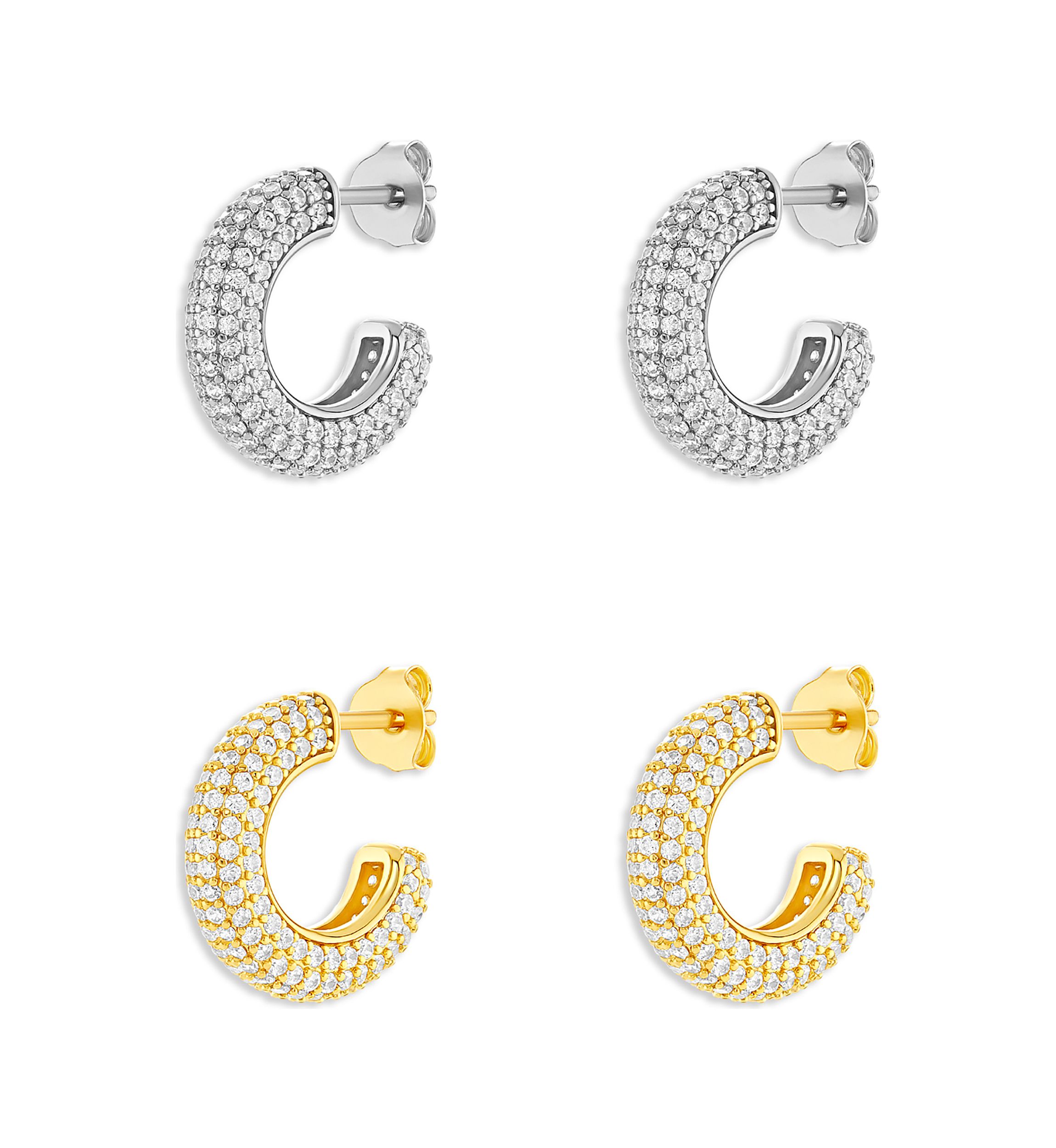 Silver Plated Two Tone Pavé Cubic Zirconia C Hoop Earrings - Set of 2