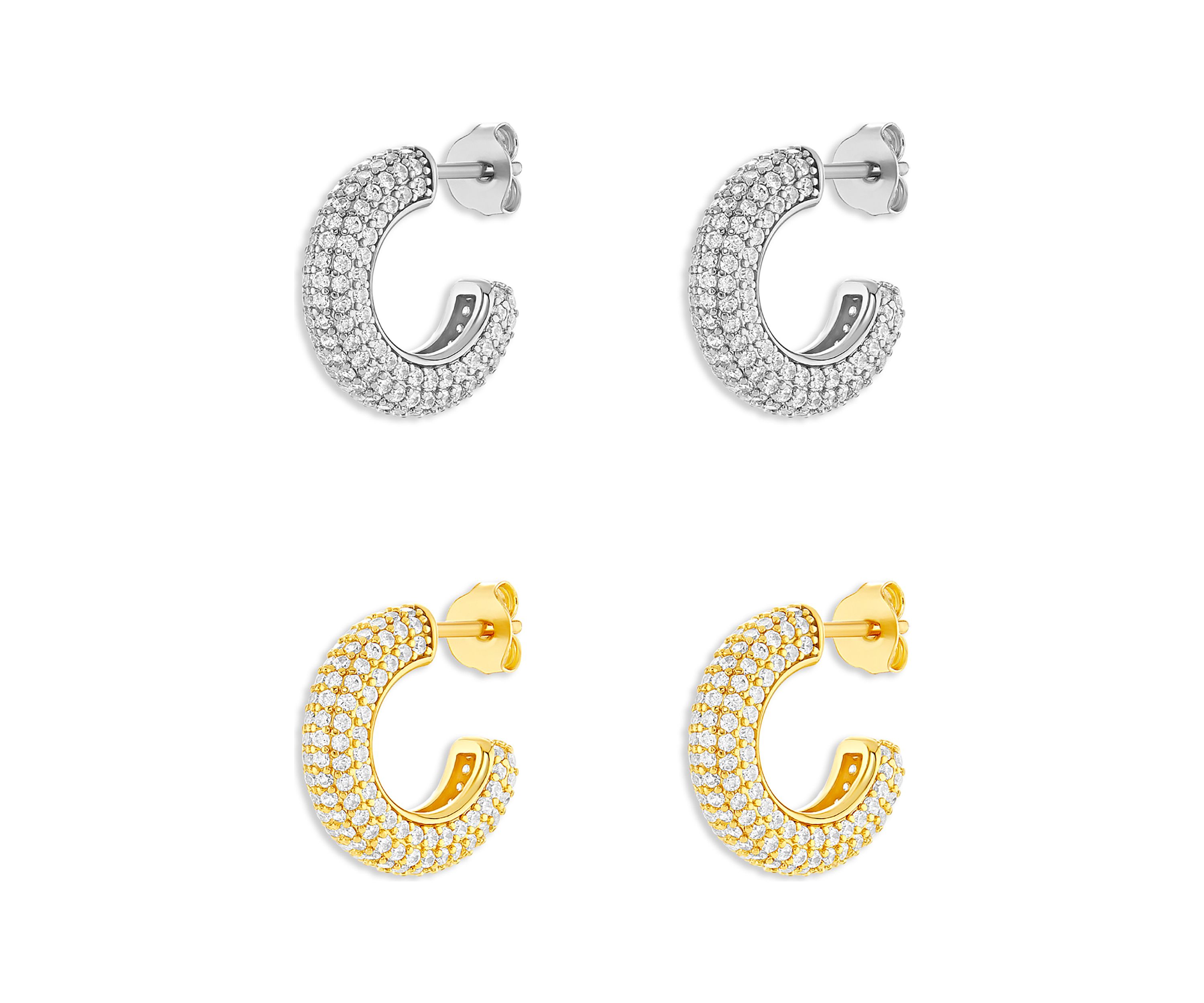 Silver Plated Two Tone Pavé Cubic Zirconia C Hoop Earrings - Set of 2