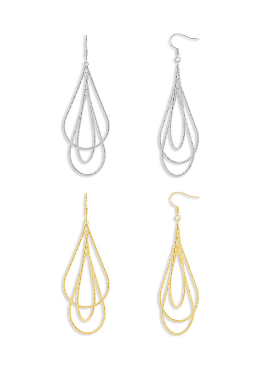 Fine Silver Plated Two Tone Textured Drop Earrings Set