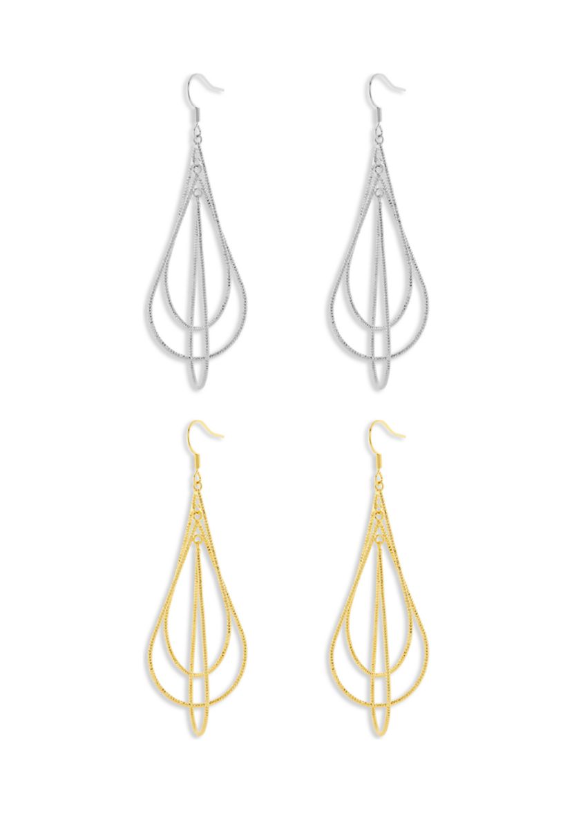 Fine Silver Plated Two Tone Textured Drop Earrings Set