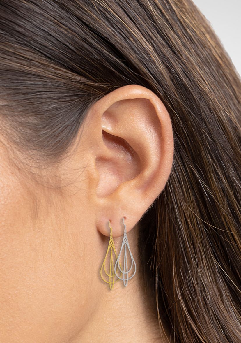 Fine Silver Plated Two Tone Textured Drop Earrings Set