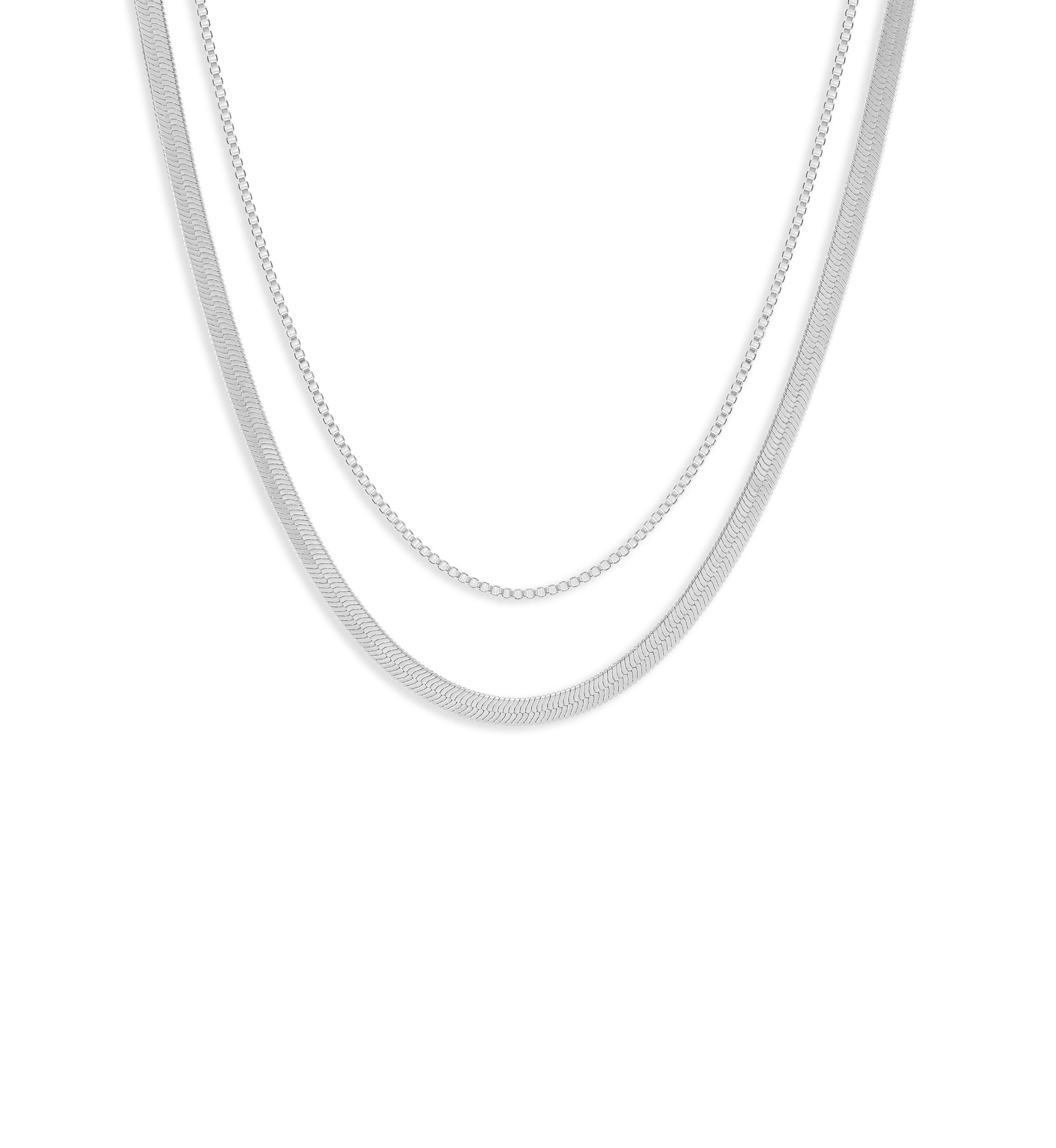 Fine Plated Box & Herringbone Chain Duo Necklace Set