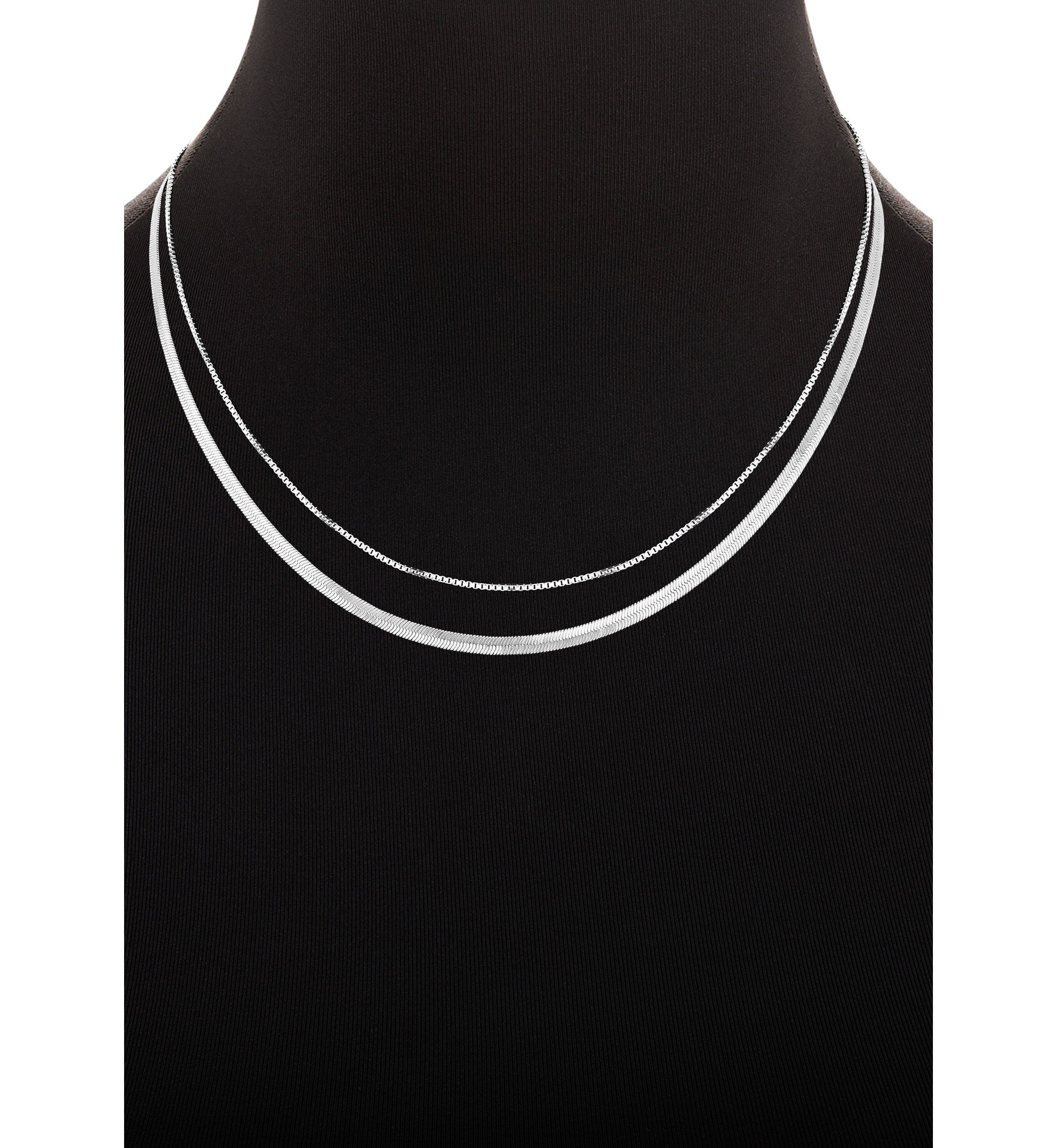 Fine Plated Box & Herringbone Chain Duo Necklace Set