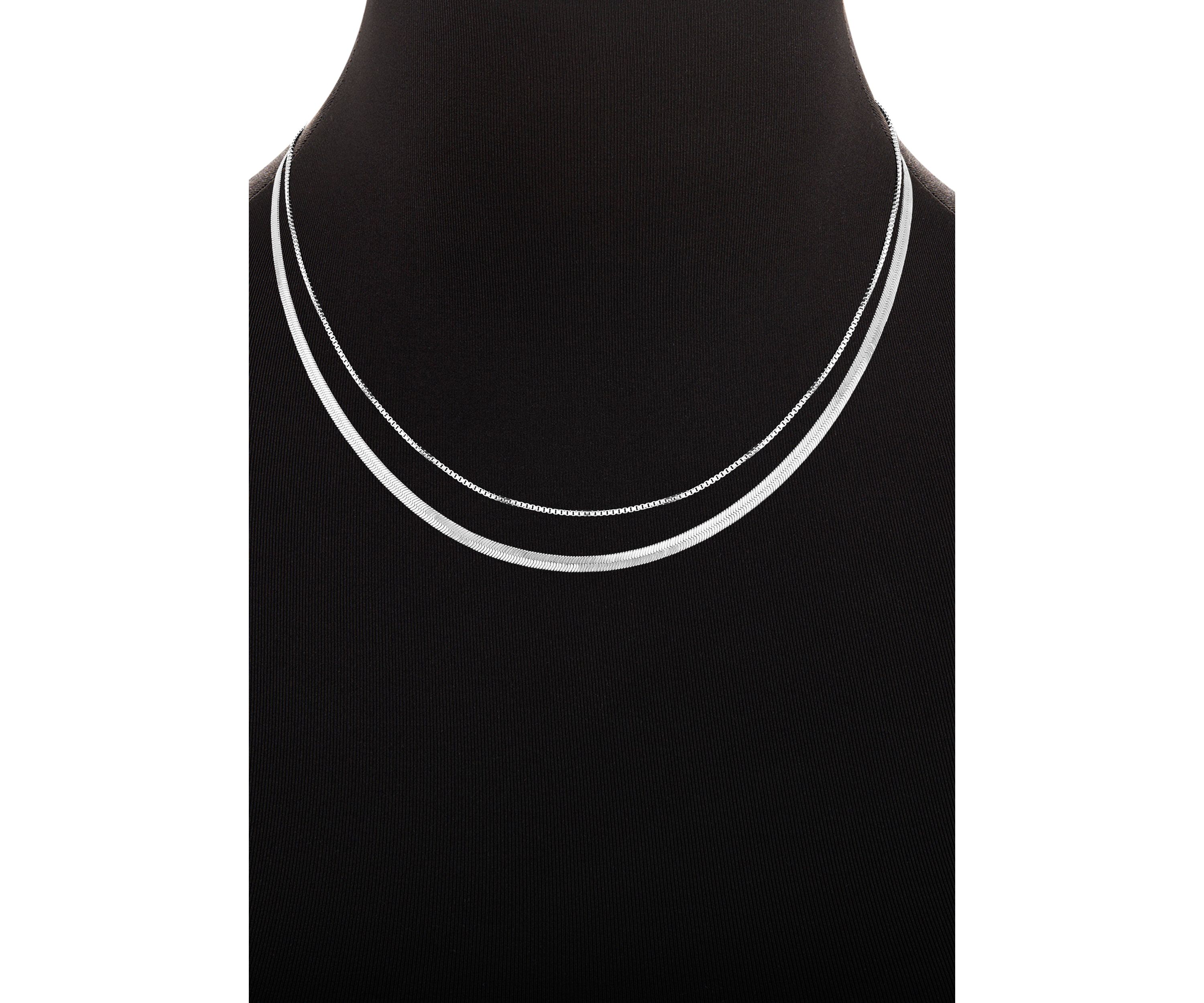 Fine Plated Box & Herringbone Chain Duo Necklace Set