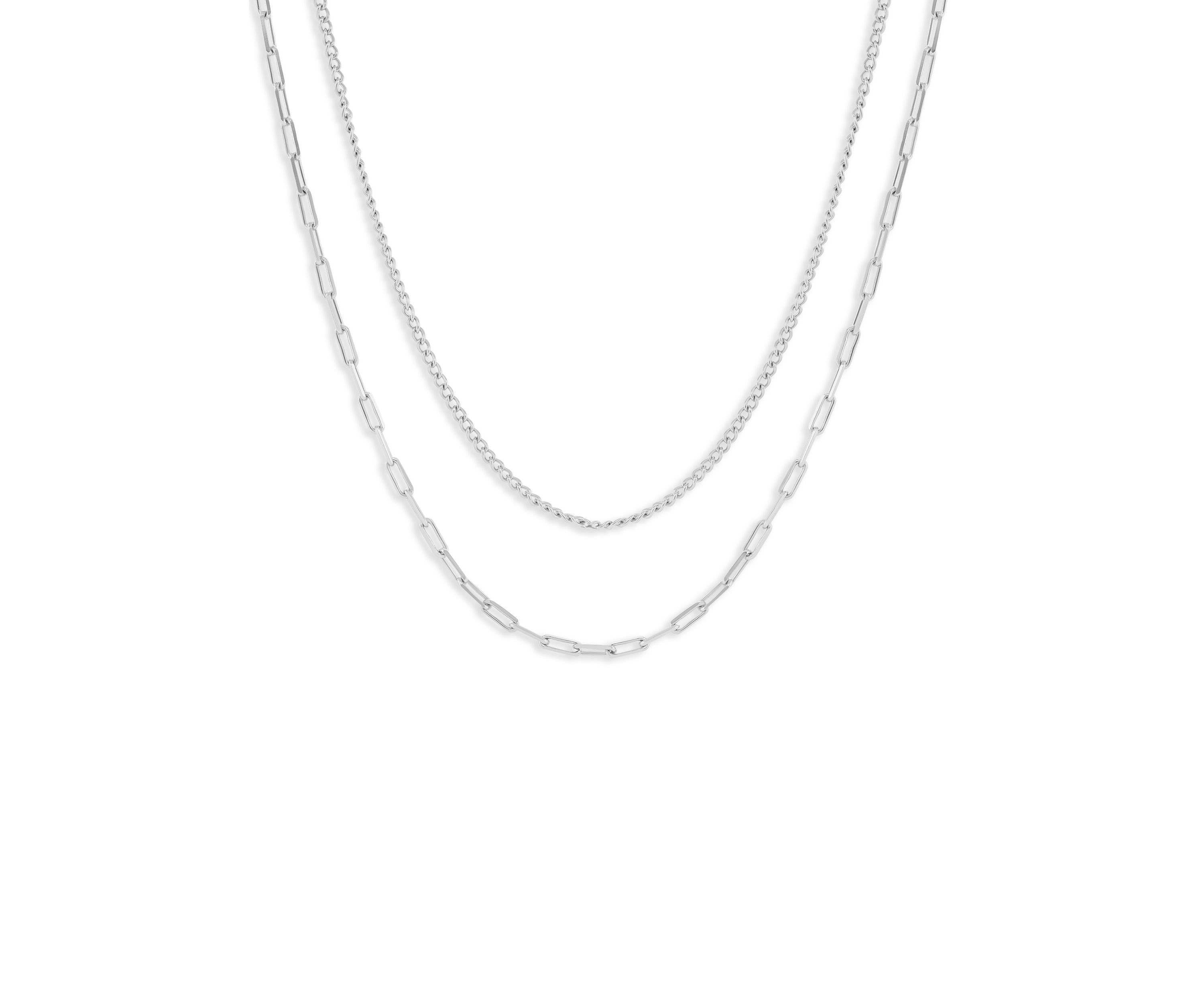Fine Silver Plated Baby Curb & Paperclip Chain Duo Necklace Set
