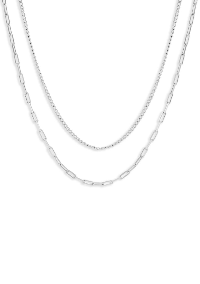 Fine Silver Plated Baby Curb & Paperclip Chain Duo Necklace Set