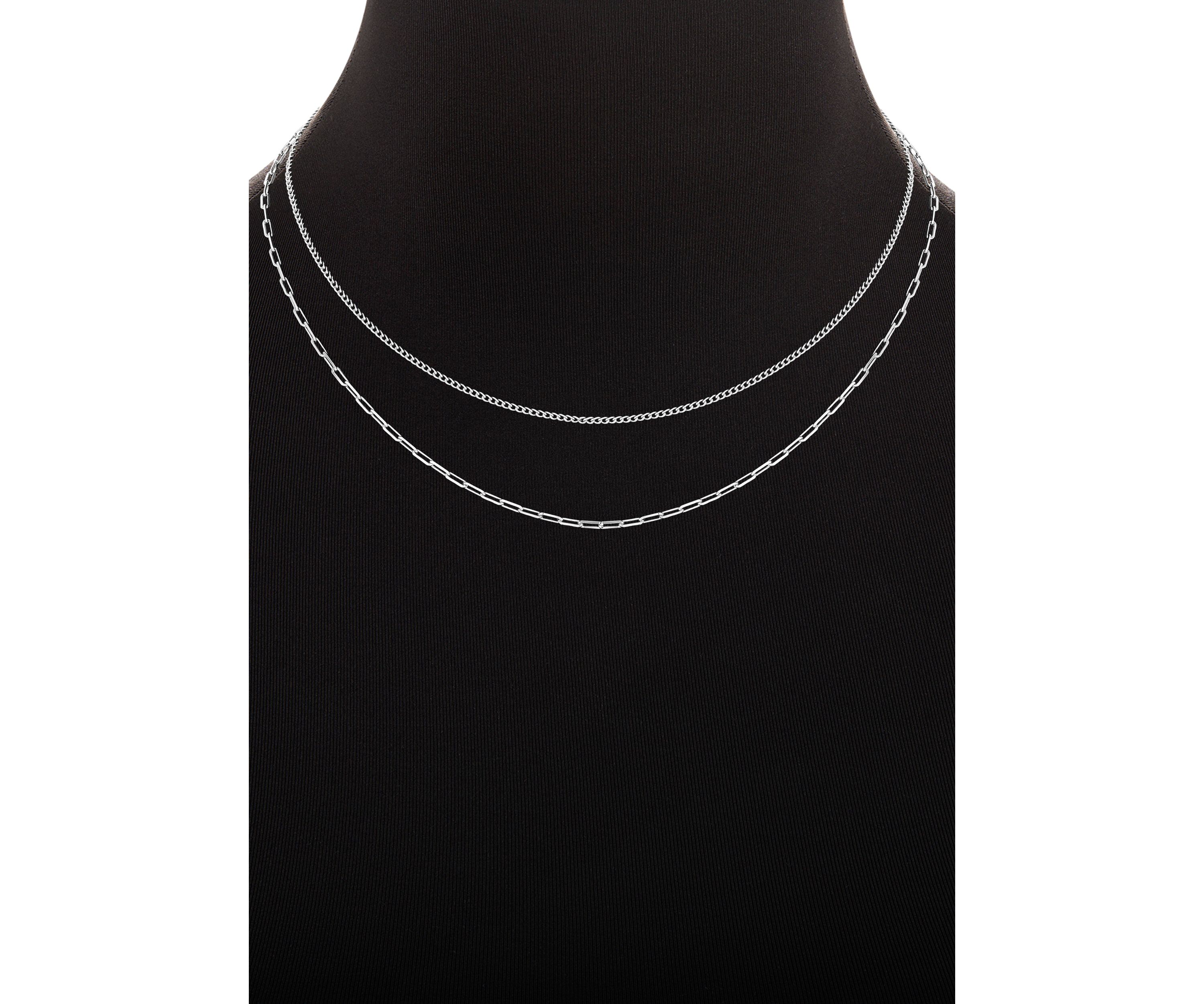 Fine Silver Plated Baby Curb & Paperclip Chain Duo Necklace Set