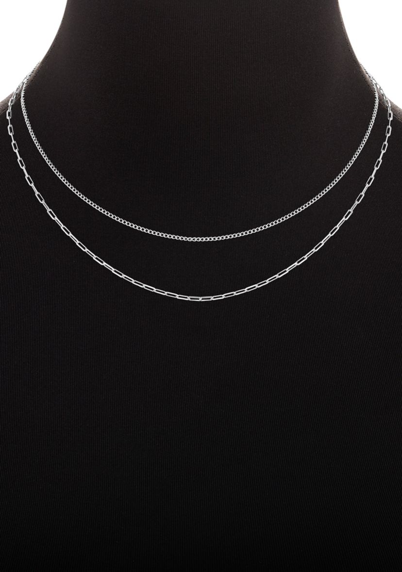 Fine Silver Plated Baby Curb & Paperclip Chain Duo Necklace Set