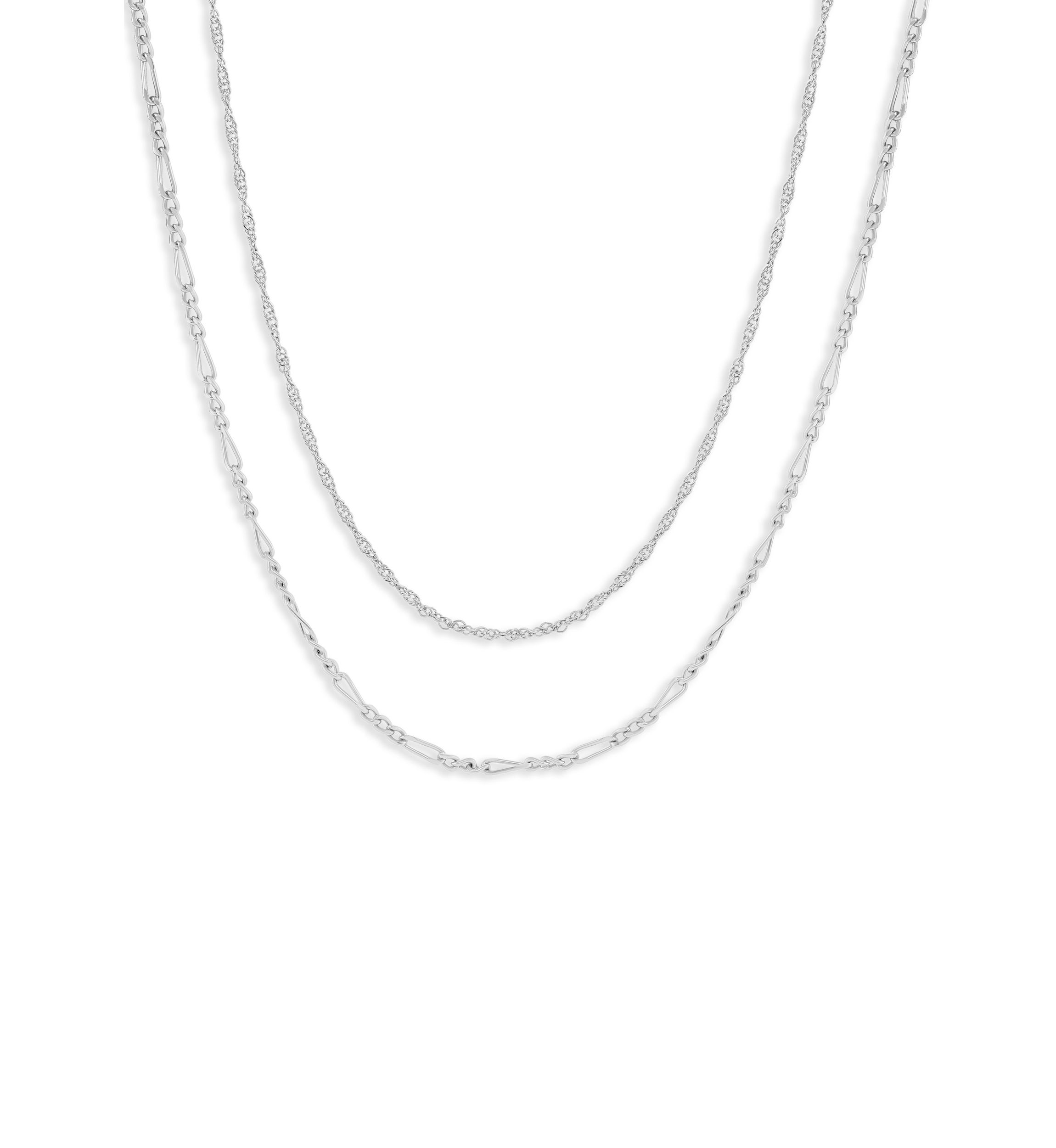 Fine Silver Plated Singapore & Figaro Chain Duo Necklace Set