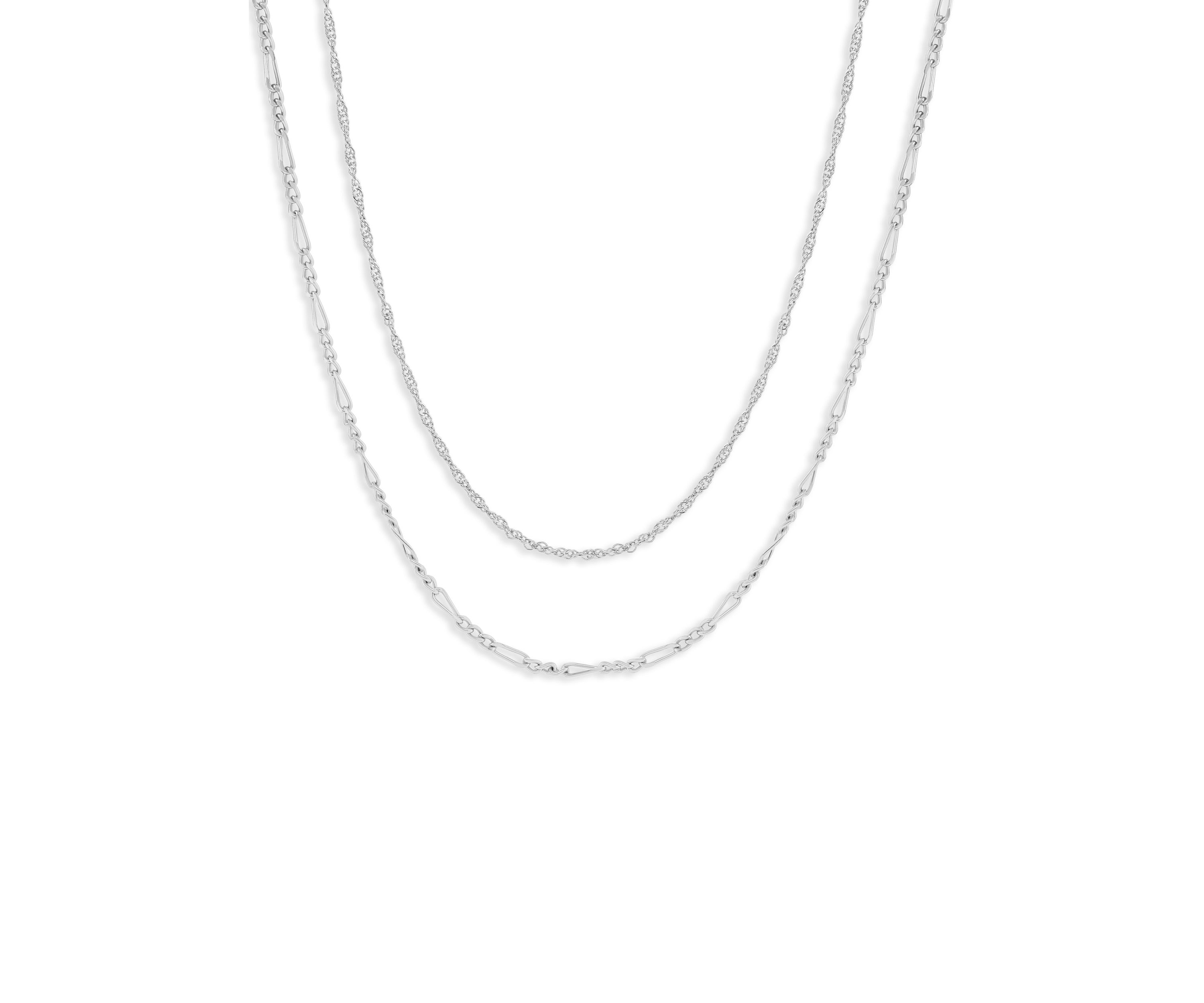 Fine Silver Plated Singapore & Figaro Chain Duo Necklace Set
