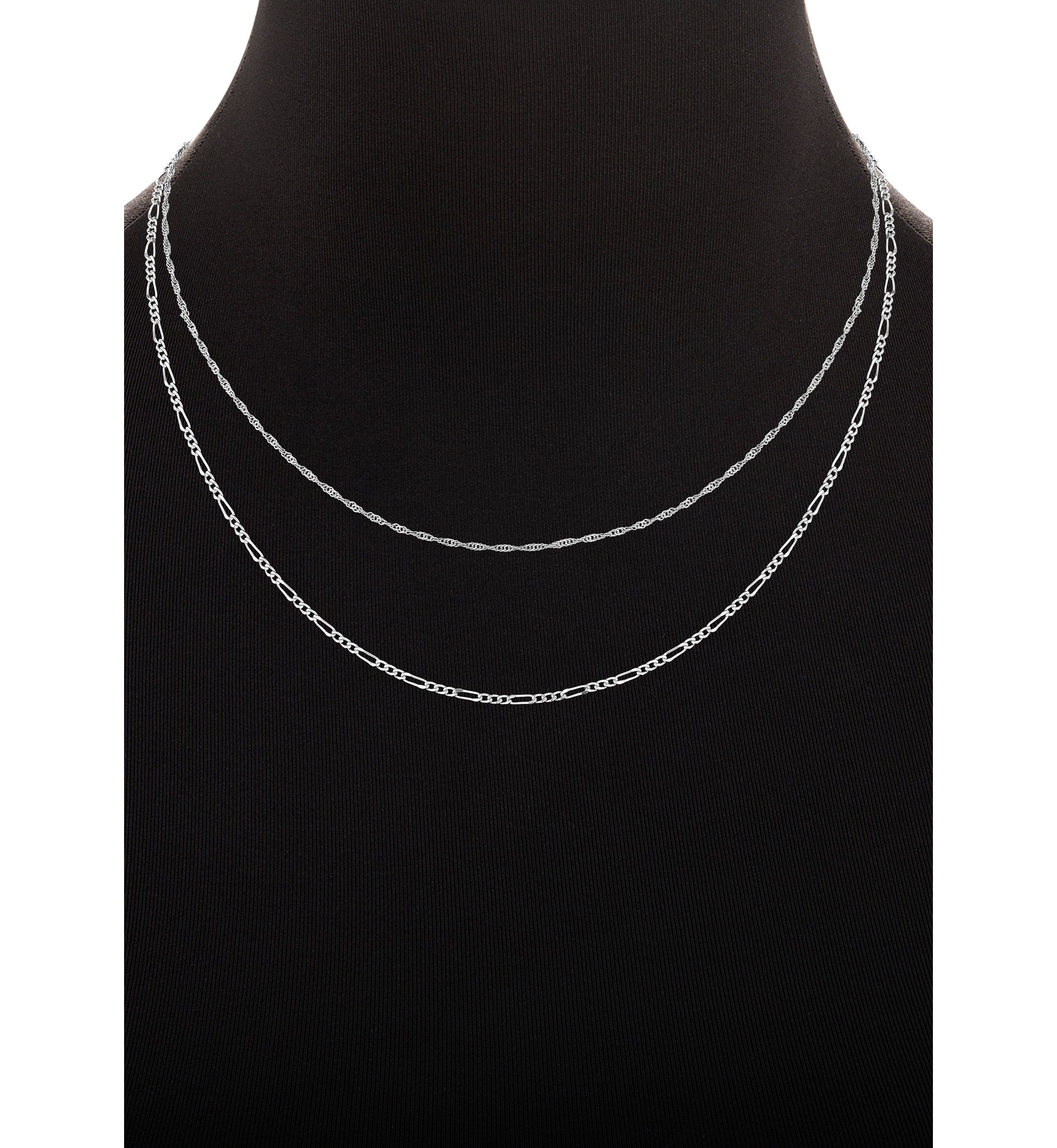 Fine Silver Plated Singapore & Figaro Chain Duo Necklace Set