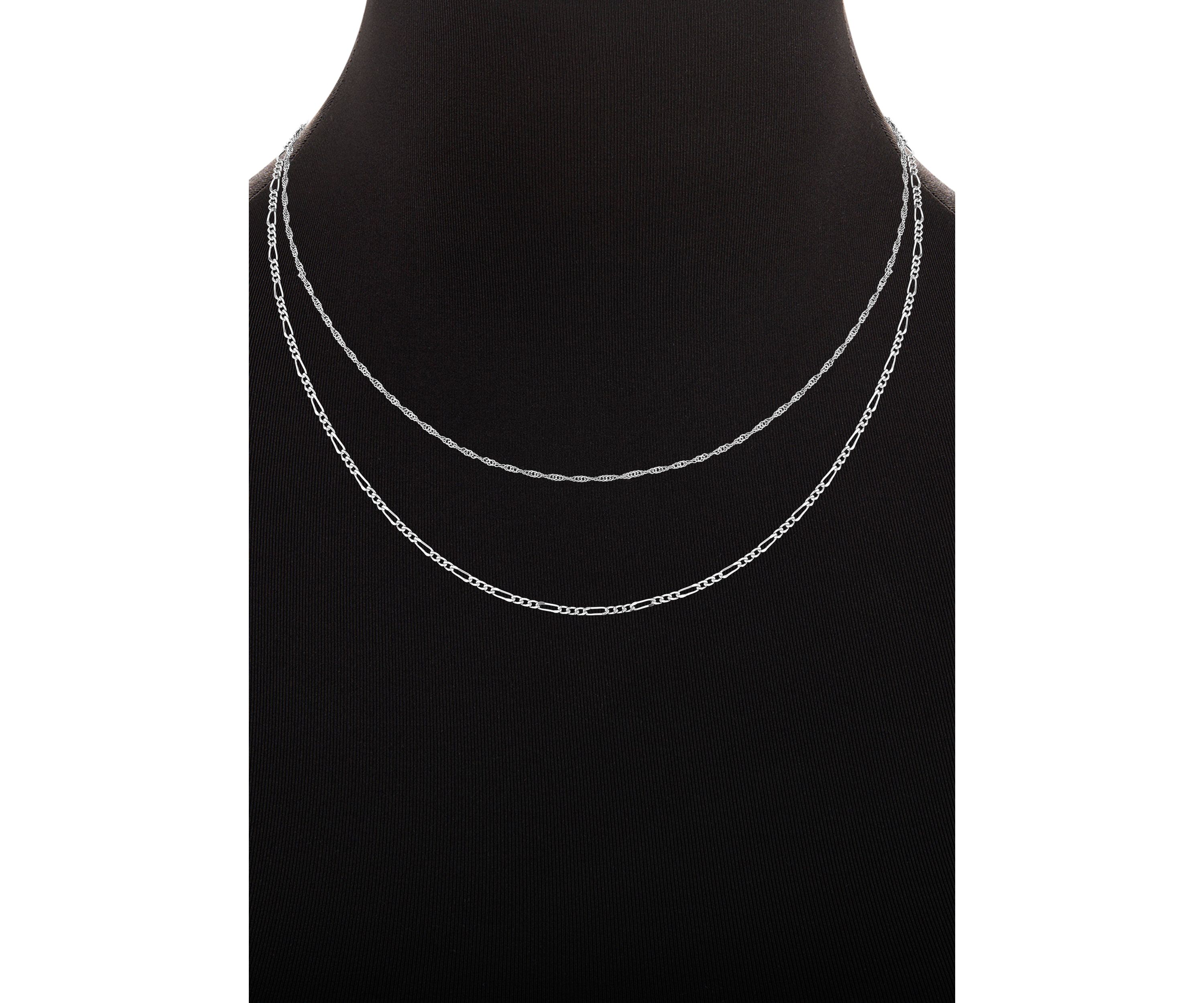 Fine Silver Plated Singapore & Figaro Chain Duo Necklace Set