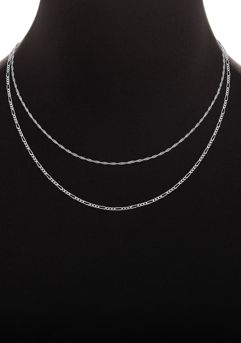 Fine Silver Plated Singapore & Figaro Chain Duo Necklace Set