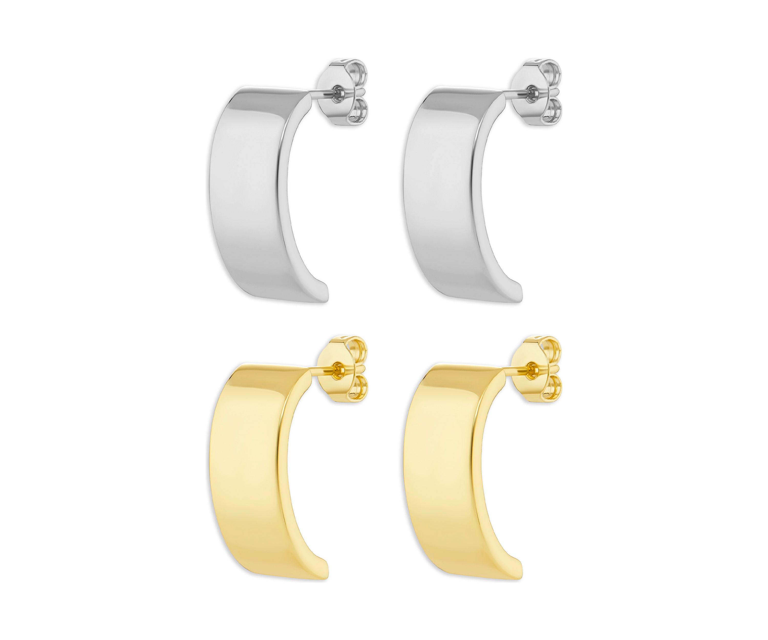 Gold and Silver Plated Flat Curved Stud Earrings Duo Set