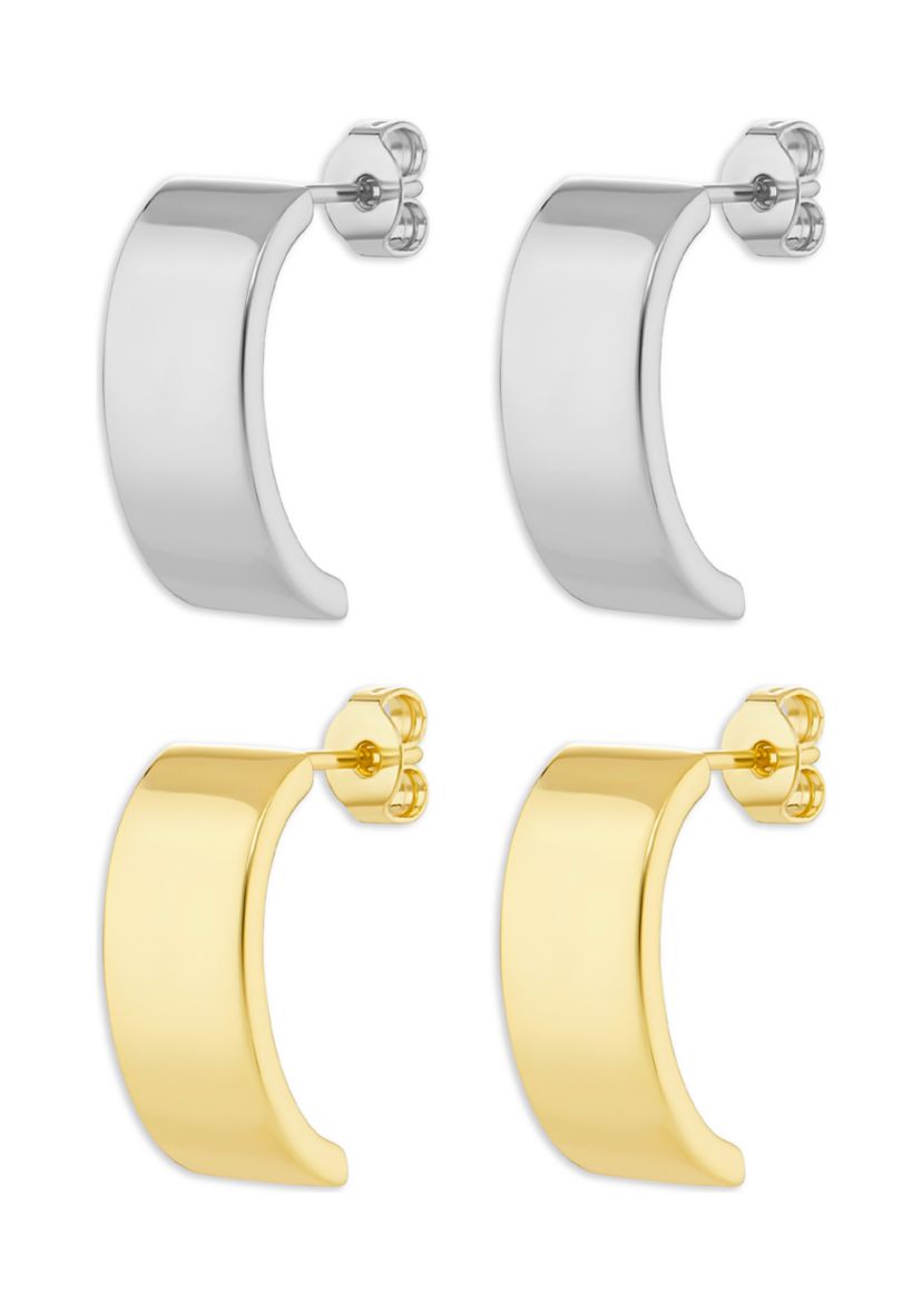 Gold and Silver Plated Flat Curved Stud Earrings Duo Set