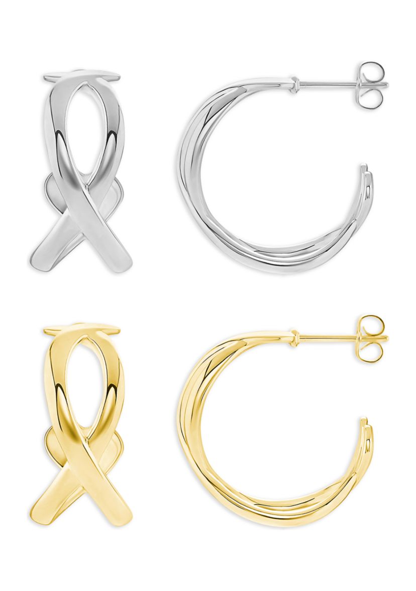 Silver & Gold Plated Double Intertwined C Hoop Earrings Duo Set