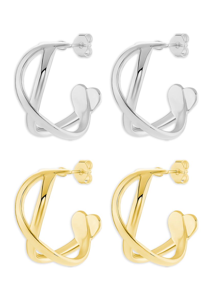 Silver & Gold Plated Double Intertwined C Hoop Earrings Duo Set