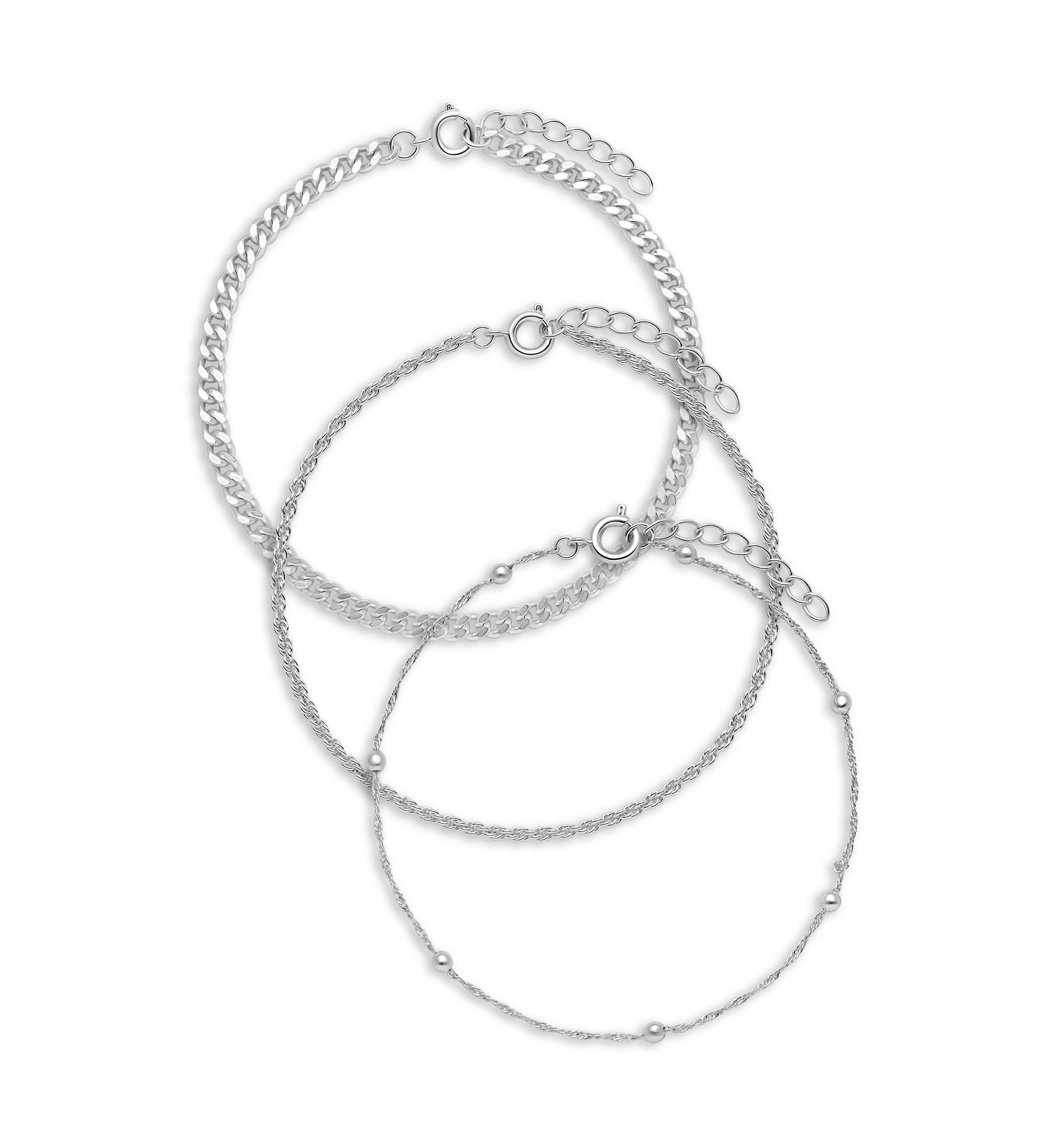Fine Silver Plated Singapore Bead Station, Rope Chain, Curb Chain Bracelet 