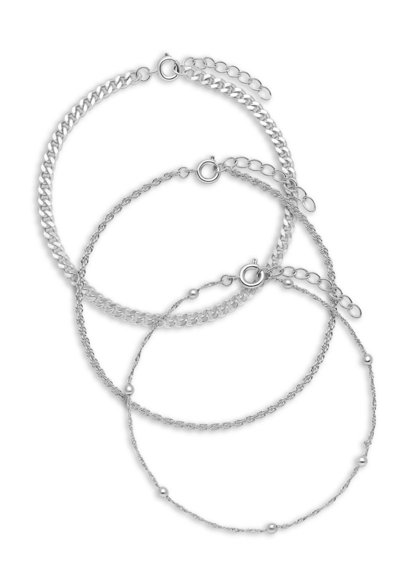Fine Silver Plated Singapore Bead Station, Rope Chain, Curb Chain Bracelet 