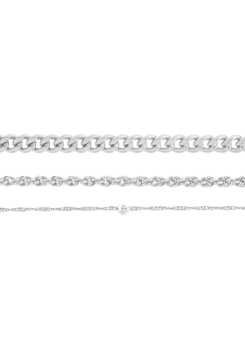 Fine Silver Plated Singapore Bead Station, Rope Chain, Curb Chain Bracelet 