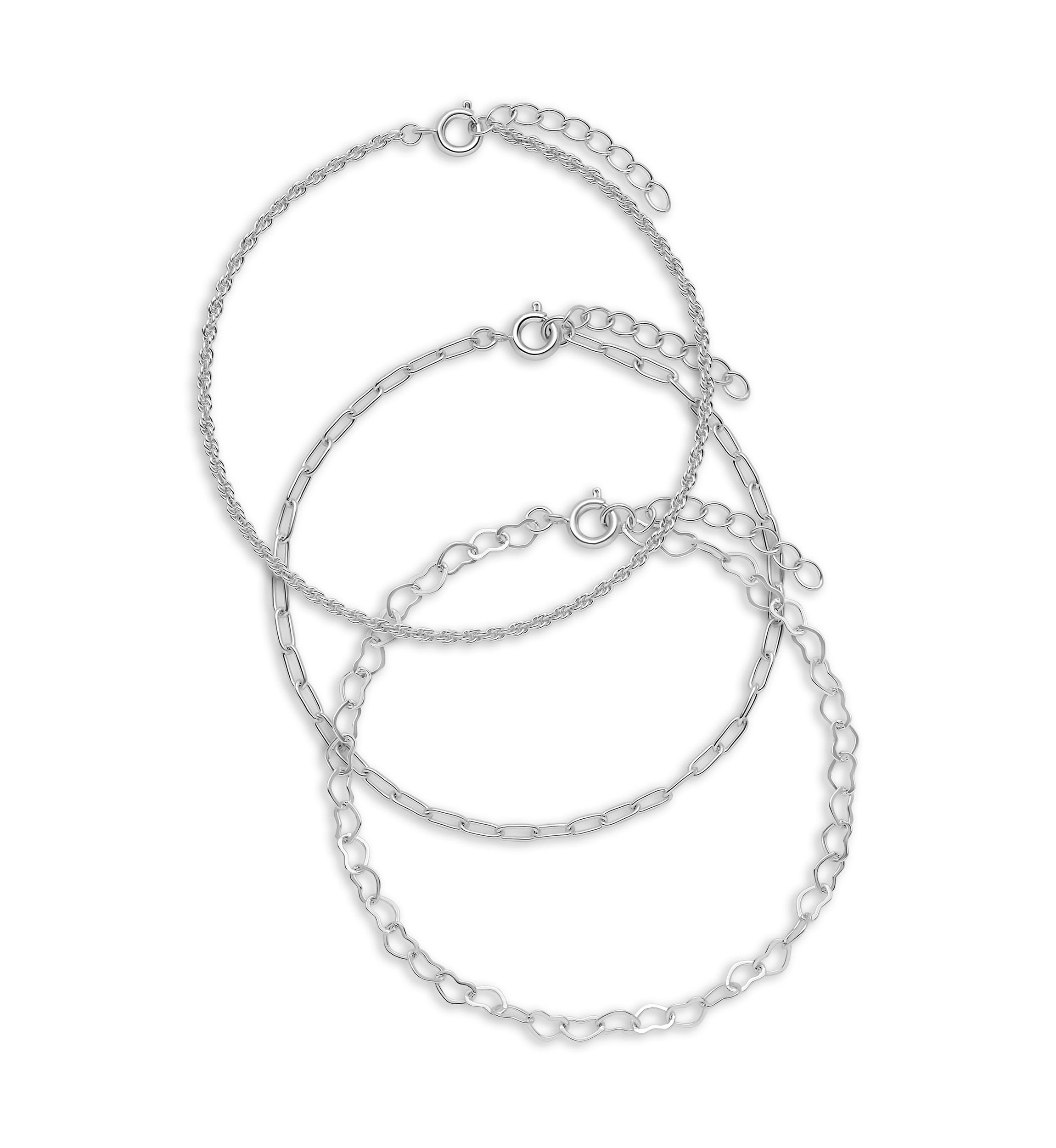 Fine Silver Plated Rope Bracelet, Heart Link Bracelet, And Paperclip Link Bracelet set