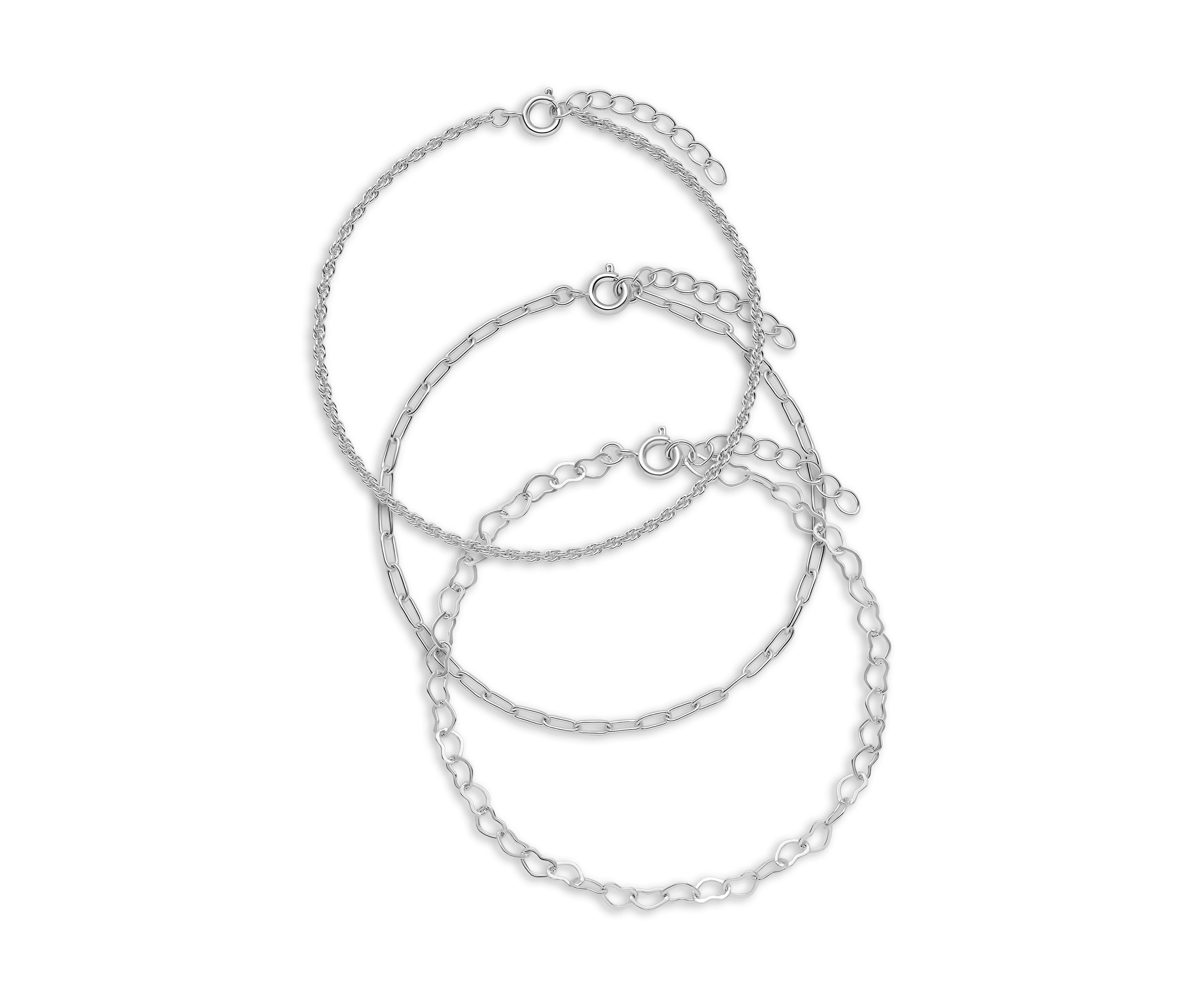 Fine Silver Plated Rope Bracelet, Heart Link Bracelet, And Paperclip Link Bracelet set