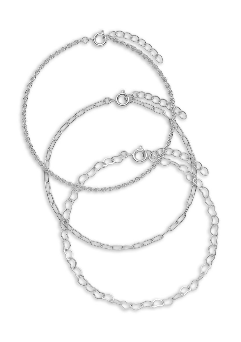 Fine Silver Plated Rope Bracelet, Heart Link Bracelet, And Paperclip Link Bracelet set