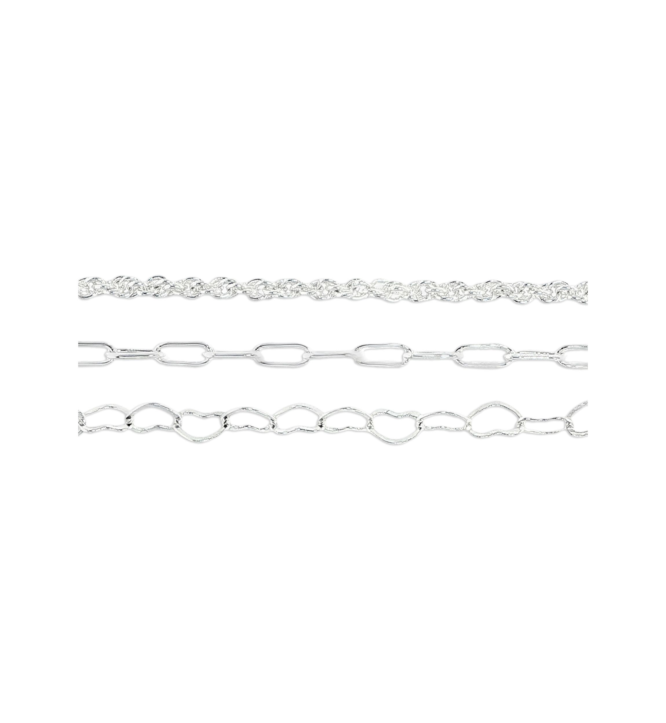 Fine Silver Plated Rope Bracelet, Heart Link Bracelet, And Paperclip Link Bracelet set
