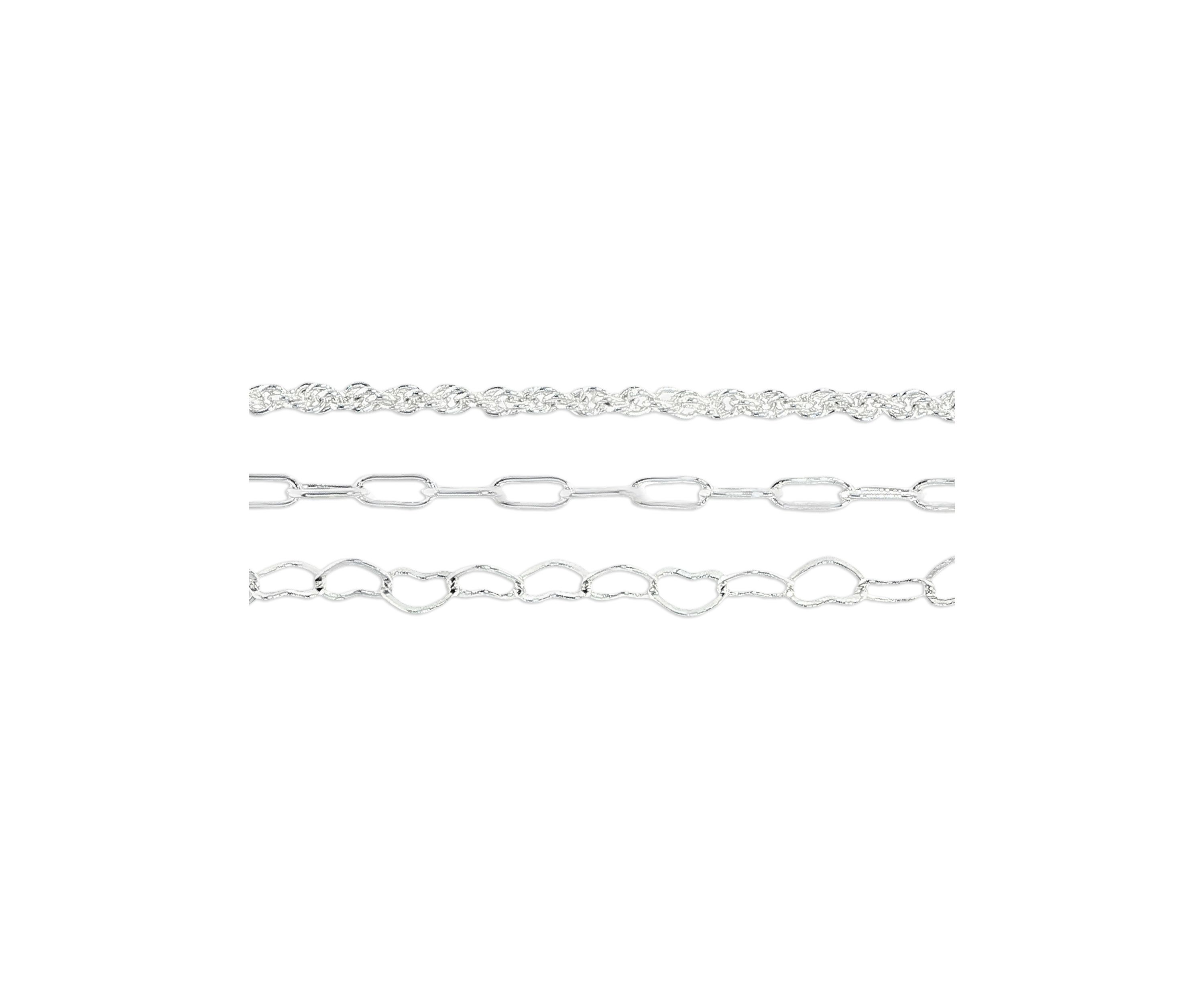 Fine Silver Plated Rope Bracelet, Heart Link Bracelet, And Paperclip Link Bracelet set