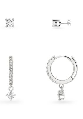 Belk Silverworks Fine Silver Plated Round Cubic Zirconia Stud and Pavé Cubic Zirconia Huggie Drop Earring Set