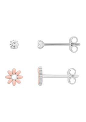 Belk Silverworks Fine Silver Plated Cubic Zirconia and Enamel Daisy Flower Stud Earrings Duo Set, Pink
