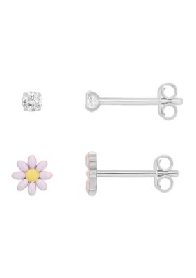Belk Silverworks Fine Silver Plated Cubic Zirconia and Enamel Daisy Flower Stud Earrings Duo Set