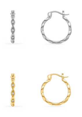 Belk Silverworks Two Tone Cubic Zirconia Scallop Beaded Hoops Earrings Duo Set