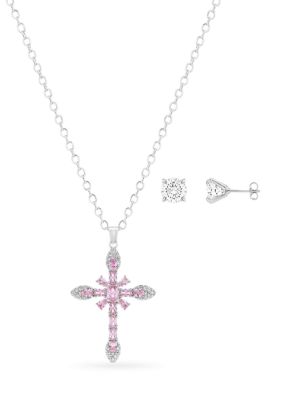 Belk Silverworks Fine Plated Round Cubic Zirconia Stud Earrings & Cubic Zirconia Cross Pendant Necklace Set, Pink, 20 in