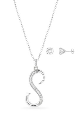 Belk Silverworks Fine Silver Plated Cubic Zirconia Round Stud Earrings & Pavé Initial Necklace Set, 20 in