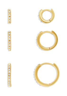 Belk Silverworks Gold Plated Clear Crystal Pavé Hoop Earrings Trio Set