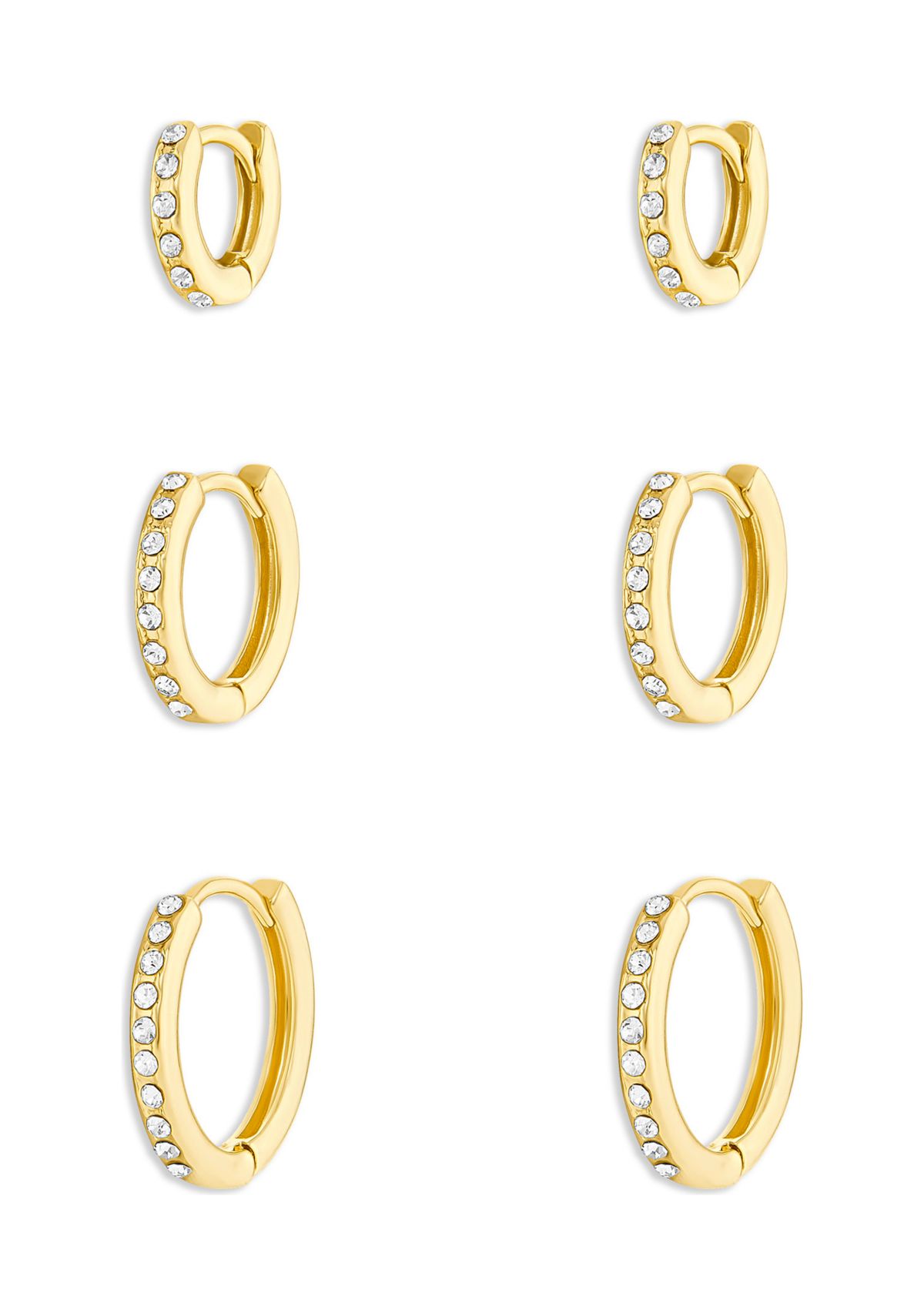 Gold Plated Clear Crystal Pavé Hoop Earrings Trio Set
