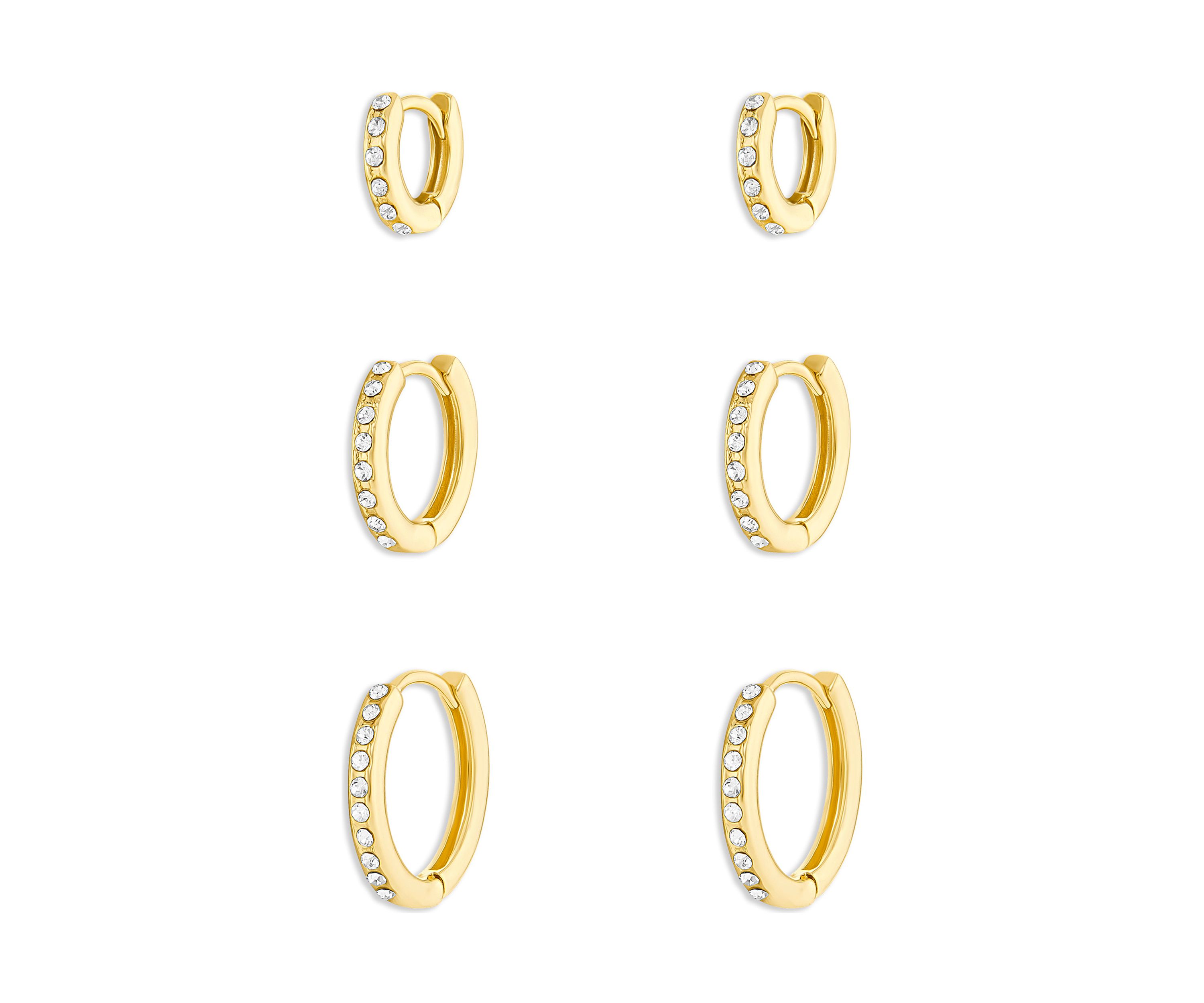 Gold Plated Clear Crystal Pavé Hoop Earrings Trio Set