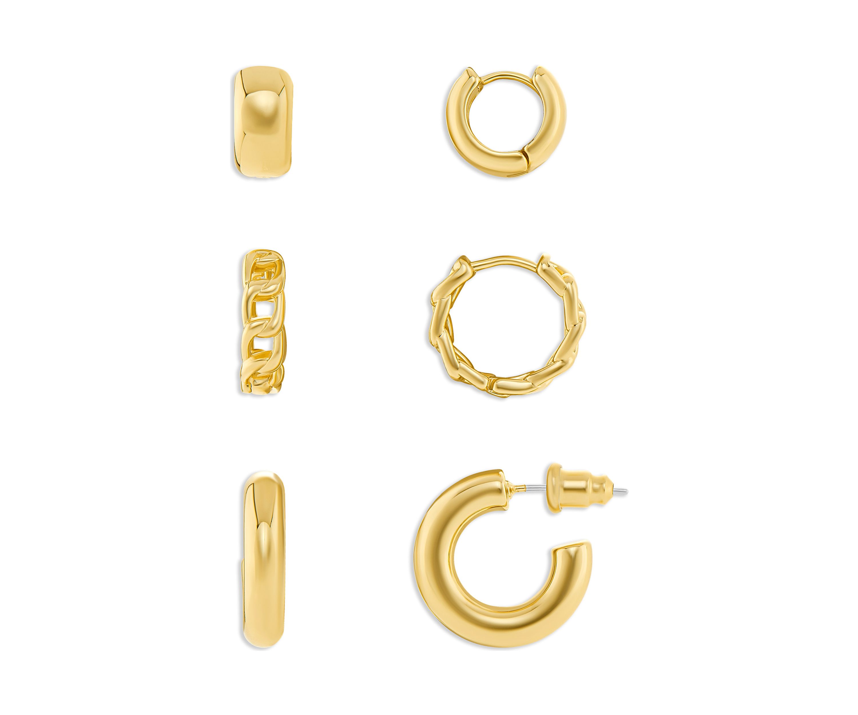 Gold Plated Polished Tube Chain Link Hoop Earrings Trio Set