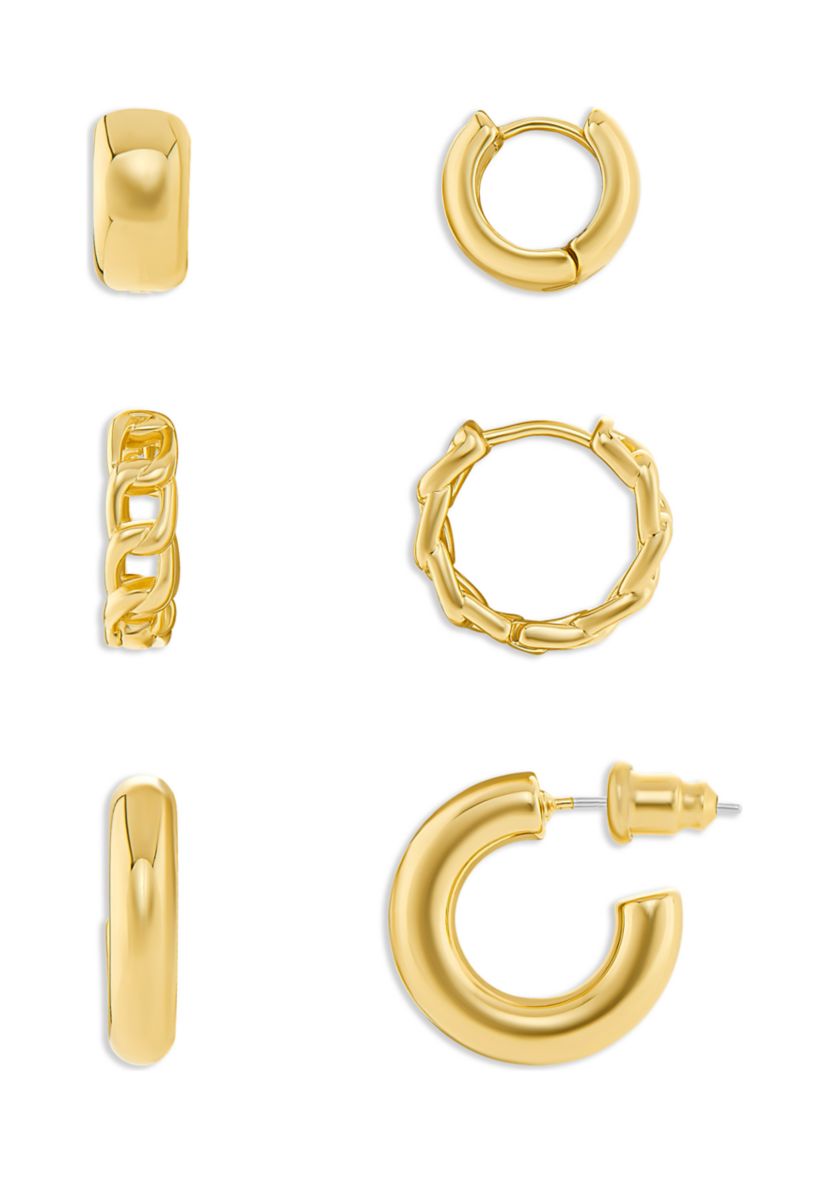 Gold Plated Polished Tube Chain Link Hoop Earrings Trio Set