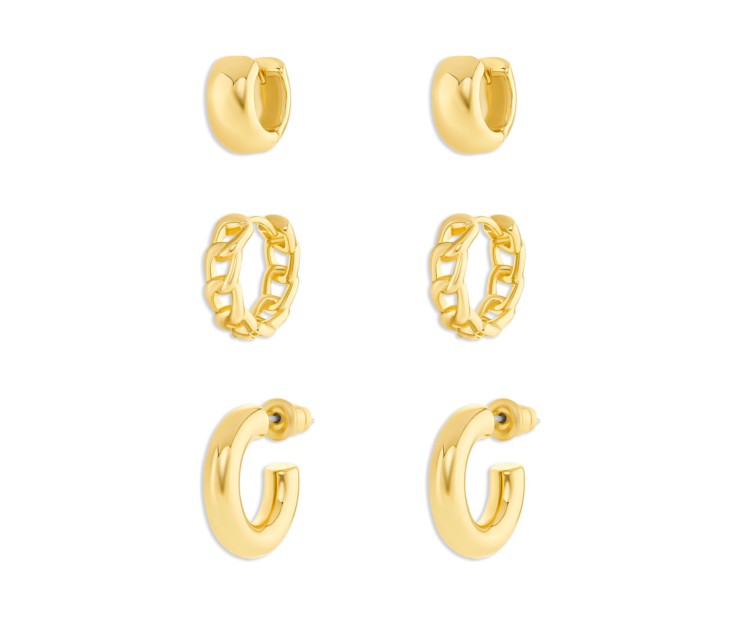 Gold Plated Polished Tube Chain Link Hoop Earrings Trio Set