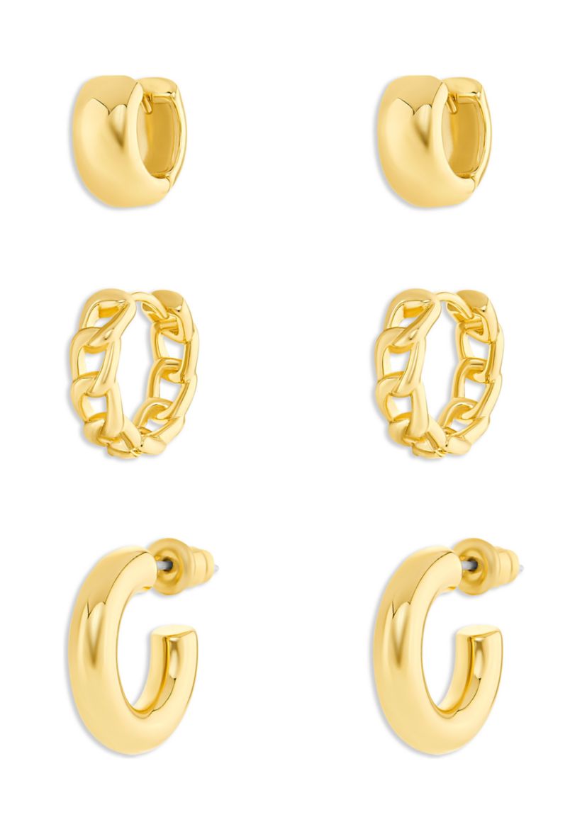 Gold Plated Polished Tube Chain Link Hoop Earrings Trio Set