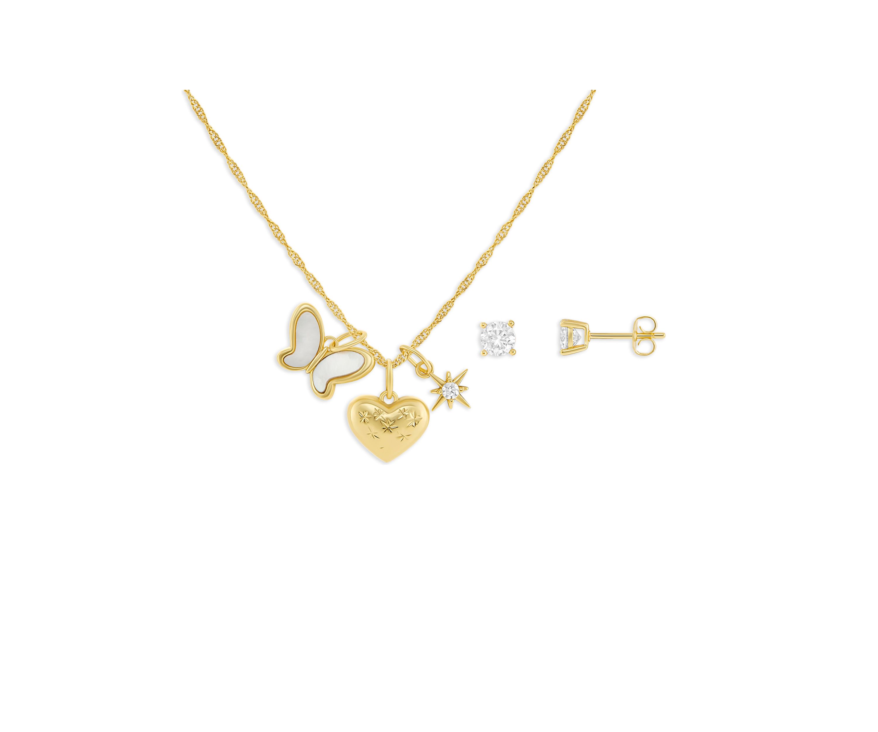 Gold Plated Cubic Zirconia Round Studs and Triple Pendant Necklace Set