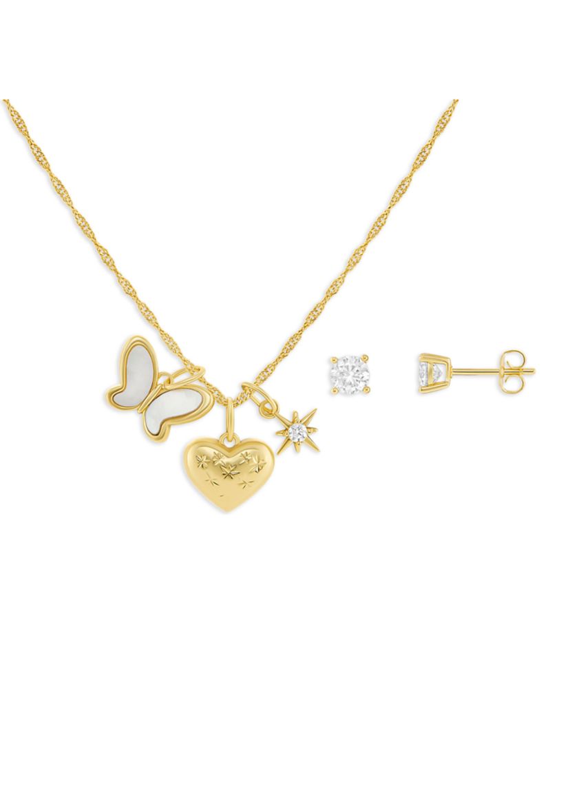 Gold Plated Cubic Zirconia Round Studs and Triple Pendant Necklace Set