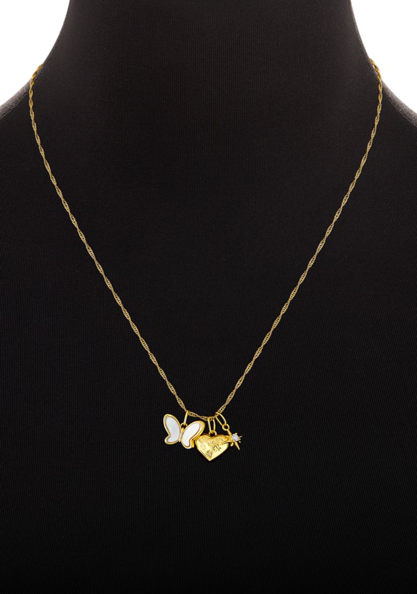 Gold Plated Cubic Zirconia Round Studs and Triple Pendant Necklace Set