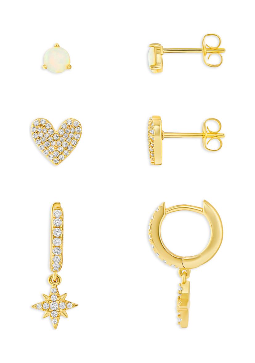 Gold Plated Cubic Zirconia Round Opal Pave Cubic Zirconia Hearts Studs Starburst Huggie Earrings Set